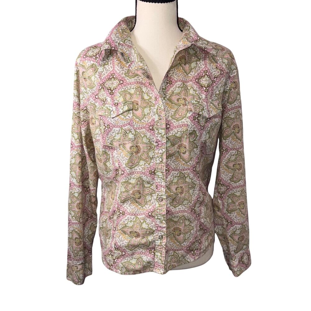 COPPER KEY Women Western Snap Shirt XL Pink Green Paisley Pearl Snap 100% Cotton